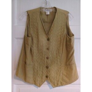 Vintage green linenblend vest womens 9/10 embroidery buttons lined Annie Hall